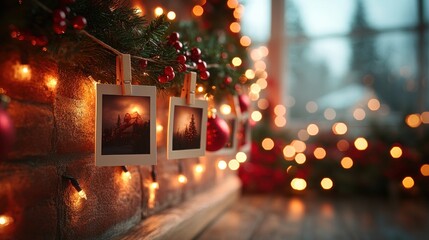 Cozy holiday scene with photos, lights, and festive decorations.