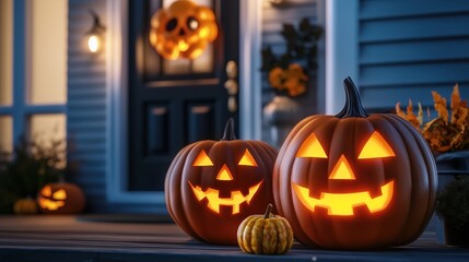 Fototapeta premium Carved Halloween pumpkins with glowing faces placed on the front porch at night, accompanied by flickering candles near a house in the soft evening light. The scene captures the spooky and festive spi