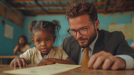 Naklejka premium A dedicated mentor guides a young girl through her reading activities in a vibrant classroom setting during the afternoon