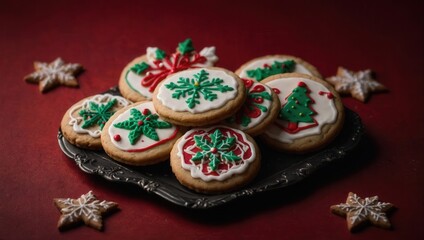Fototapeta premium Round Christmas cookies with snowflakes, holly, and festive patterns on black plate