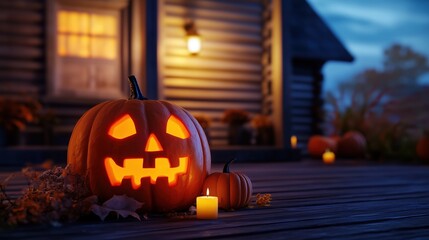 Fototapeta premium Carved Halloween pumpkins with glowing faces placed on the front porch at night, accompanied by flickering candles near a house in the soft evening light. The scene captures the spooky and festive spi