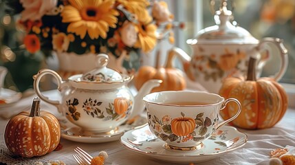 Fototapeta premium Fall themed tea party, Cozy fall table setting with a teapot for a relaxing tea time.