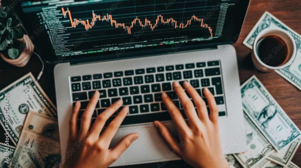 Poster hands typing on a computer keyboard, surrounded by stock market charts and banknotes, symbolizing on