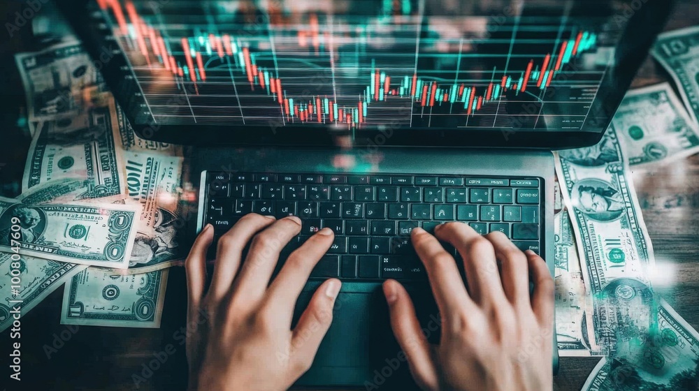Aufkleber hands typing on a computer keyboard, surrounded by stock market charts and banknotes, symbolizing on