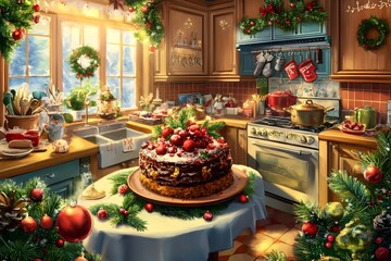 Naklejka premium Christmas Kitchen Interior: Festive Baking and Decorations