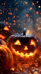 Fototapeta premium Spooky Halloween Pumpkin Concept with Glowing Jack o Lantern on Dark Autumn Background