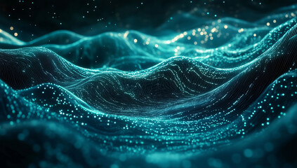 Abstract background Neon Green and Blue Wave-Like Data Streams on a Dark Background, Symbolizing the Flow of Information in Artificial Intelligence Systems with Futuristic and Technological Elements