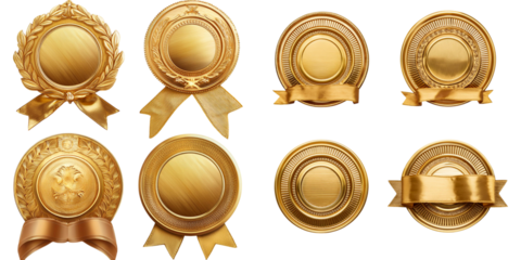 Golden luxury labels and banners, gold premium quality certificate ribbons, png collection isolated on transparent background