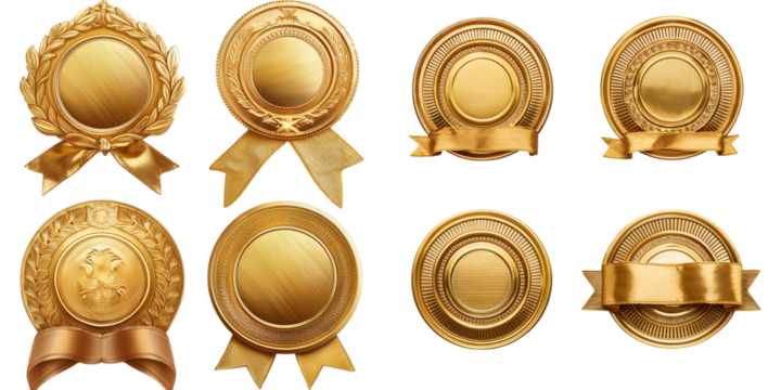 Golden luxury labels and banners, gold premium quality certificate ribbons, png collection isolated on transparent background