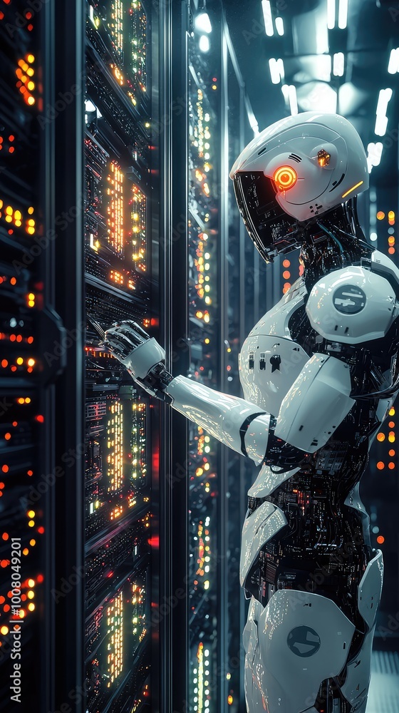 Poster futuristic robot in a high-tech data center, interacting with advanced servers, showcasing modern te