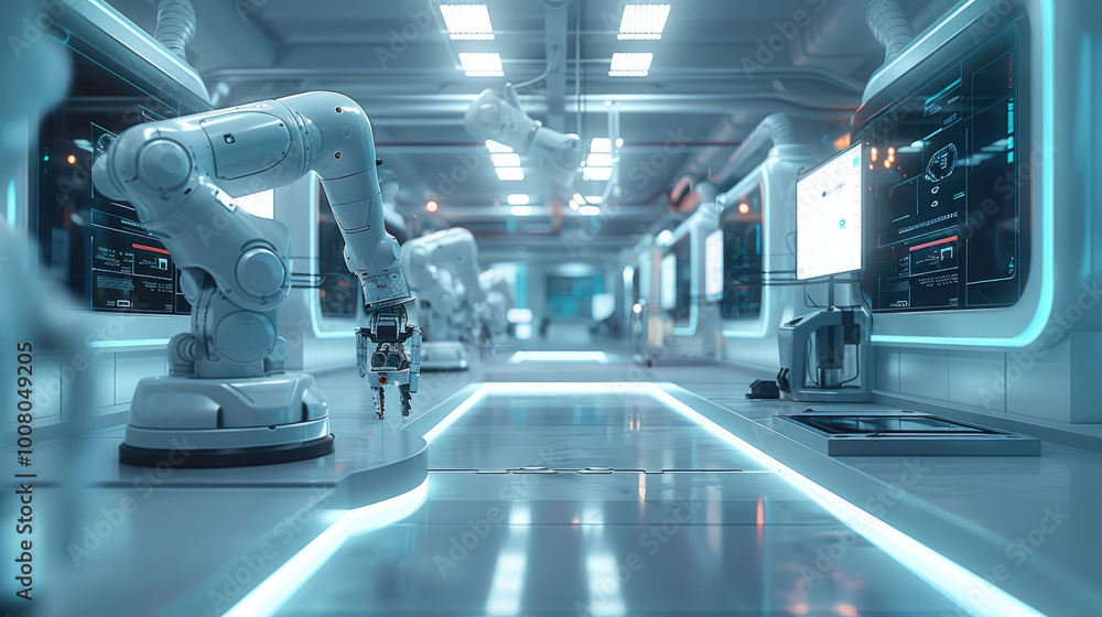 Poster A sleek, modern industrial environment showing a futuristic factory floor with advanced robotic arms and AI-driven interfaces displayed on transparent screens.