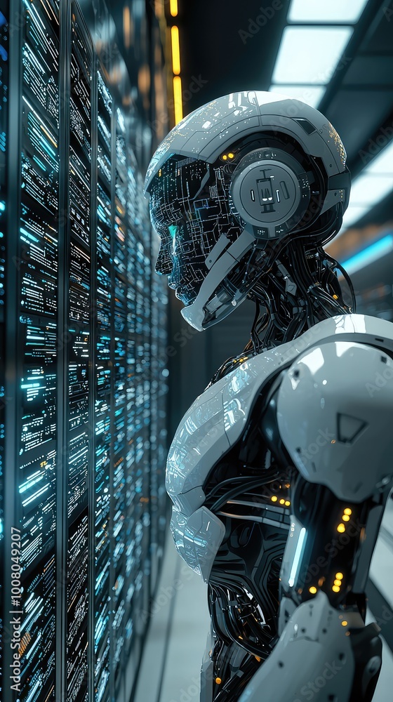 Poster futuristic robot analyzing data in a high-tech environment. perfect for themes of technology and art