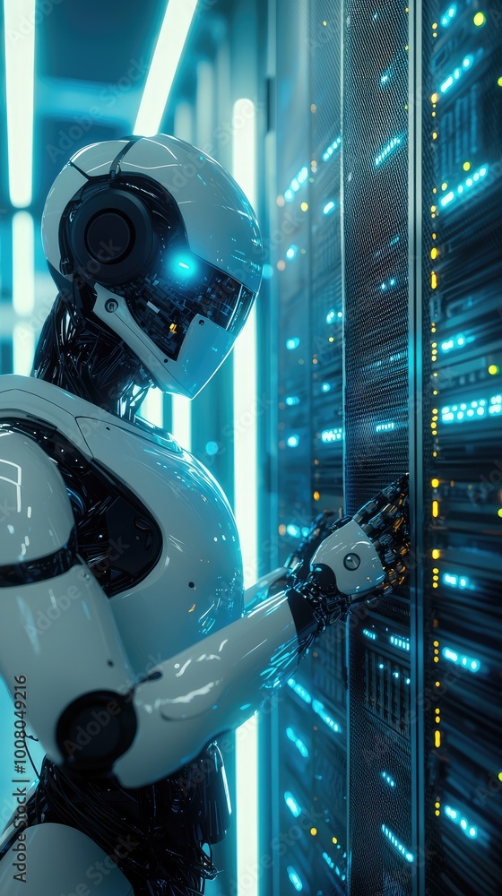 Poster futuristic robot interacting with a data server in a high-tech environment, showcasing advanced tech