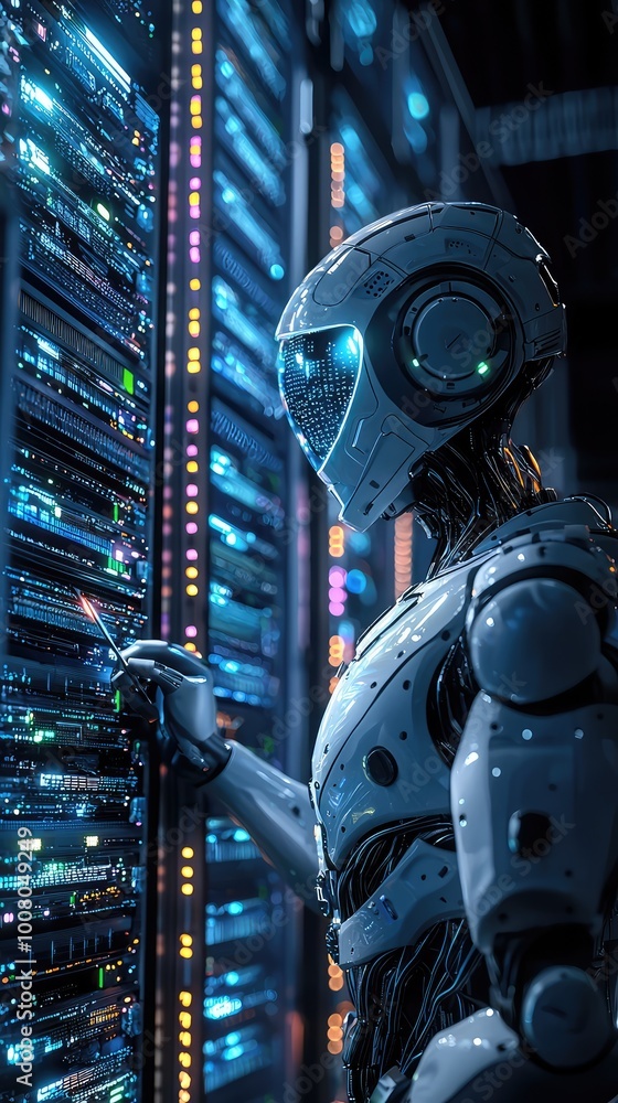 Poster futuristic robot interacting with a data server, showcasing advanced technology in a digital environ