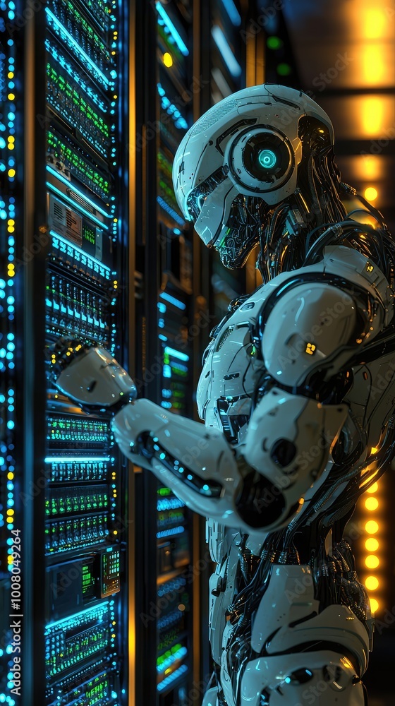Poster futuristic robot interacting with a glowing data server, representing advanced technology and automa