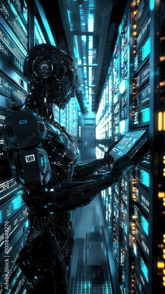 Poster futuristic robot interacting with a digital device in a server room, showcasing advanced technology 