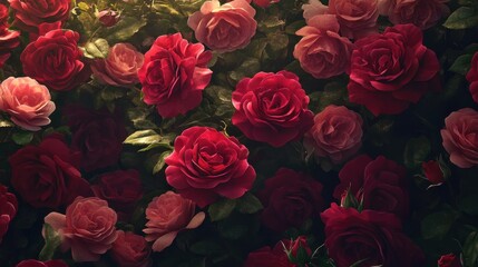 Lush red roses create an opulent romantic backdrop, the intricate petals and textures of each bloom showcased from an overhead view. Realistic, very detailed