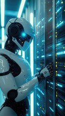 Fototapeta premium Futuristic robot interacting with a data server in a high-tech environment, showcasing advanced technology and digital innovation.
