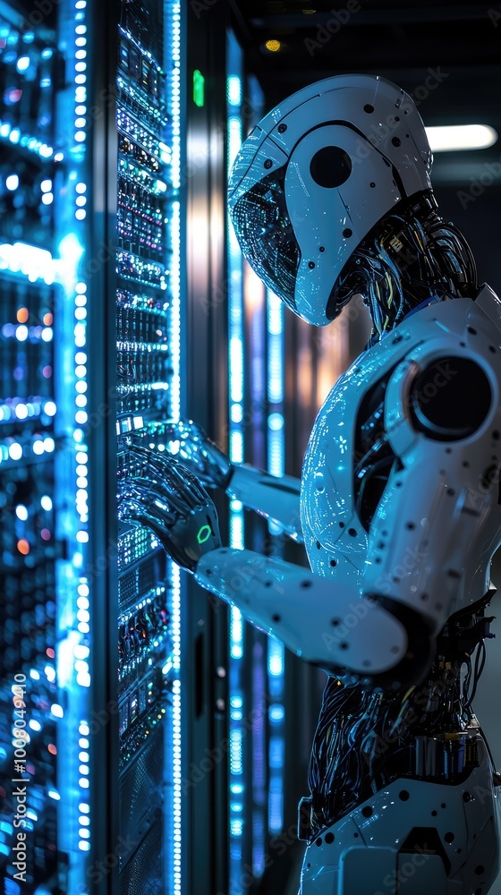 Poster futuristic robot interacting with a high-tech server in a data center, showcasing advanced technolog