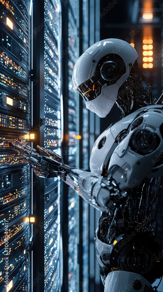 Poster futuristic robot interacting with a high-tech server in a data center, showcasing advanced technolog
