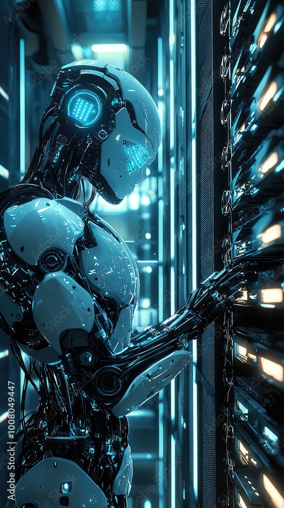 Poster futuristic robot interacting with a high-tech server in a data center, showcasing advanced technolog