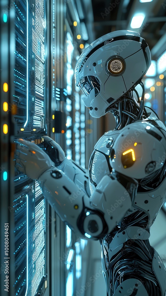 Poster futuristic robot interacting with a high-tech server, showcasing advanced technology and artificial 