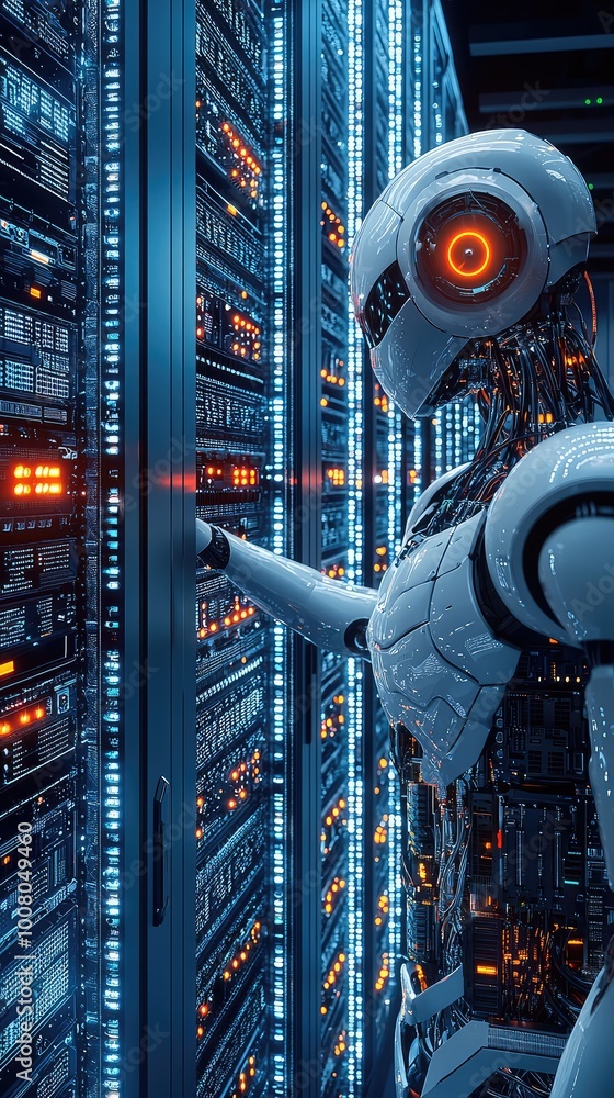 Poster futuristic robot interacting with a high-tech server rack, illuminated by vibrant led lights, showca