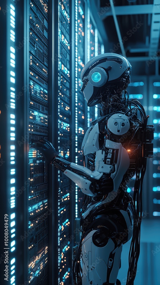 Poster futuristic robot interacting with a high-tech server, showcasing advanced technology and innovation 
