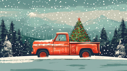 Merry Christmas and Happy New Year Postcard or Poster or Flyer template with retro pickup truck with christmas tree. Vintage styled vector illustration