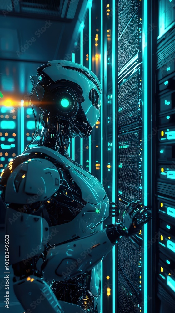 Poster futuristic robot interacting with data servers in a high-tech environment, showcasing advanced techn