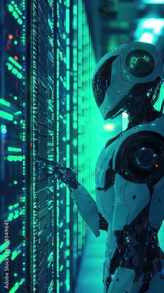 Poster futuristic robot interacting with digital data center, showcasing advanced technology and artificial