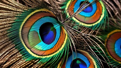 Fototapeta premium This stunning close-up image captures the intricate beauty of a peacock’s feathers, showcasing their rich, iridescent colors and fine textures in exquisite detail.