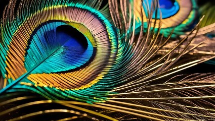 Obraz premium This stunning close-up image captures the intricate beauty of a peacock’s feathers, showcasing their rich, iridescent colors and fine textures in exquisite detail.