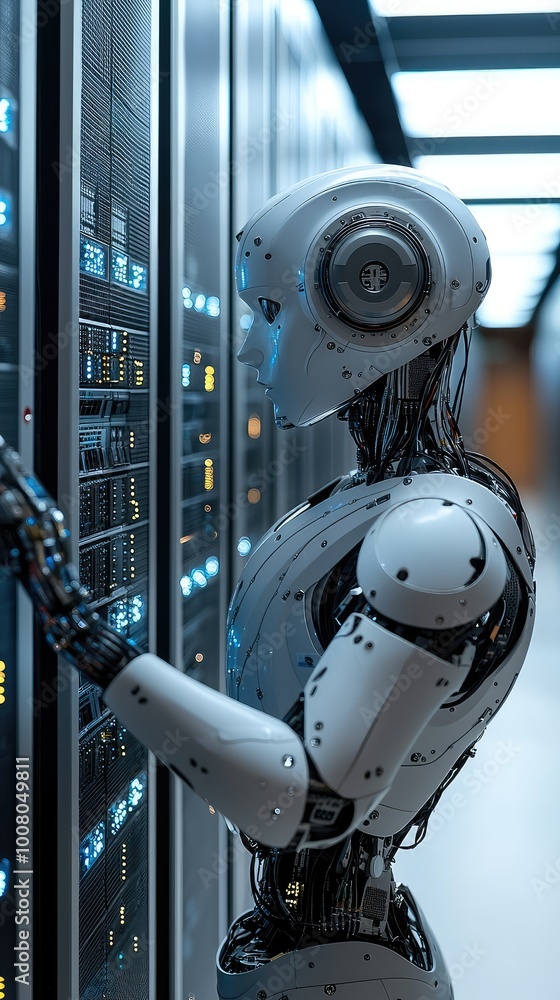 Poster futuristic robot interacting with server technology in a data center, showcasing advanced artificial