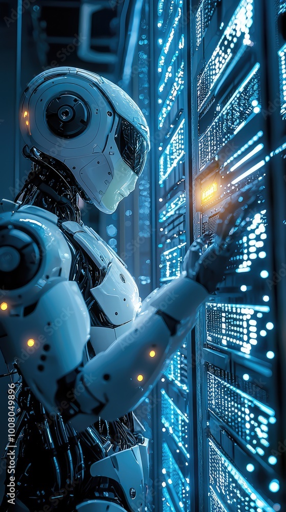 Poster futuristic robot interacts with a digital server, showcasing advanced technology and innovation in a