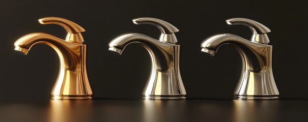 Obraz premium Three bathroom faucets silver and gold faucets with different colors and materials on color background,plumbing sink, clean flow, handle kitchen faucet,3D illustration,copy space.
