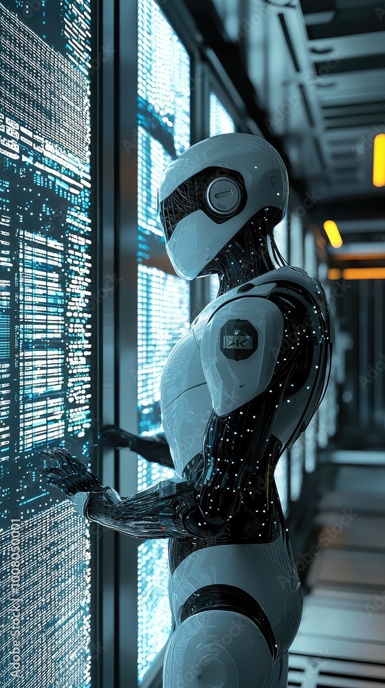 Poster futuristic robot stands by a data screen, showcasing advanced technology and artificial intelligence