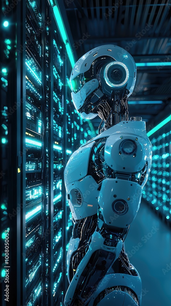 Poster futuristic robot standing in a high-tech data center, illuminated by blue lights, symbolizing advanc