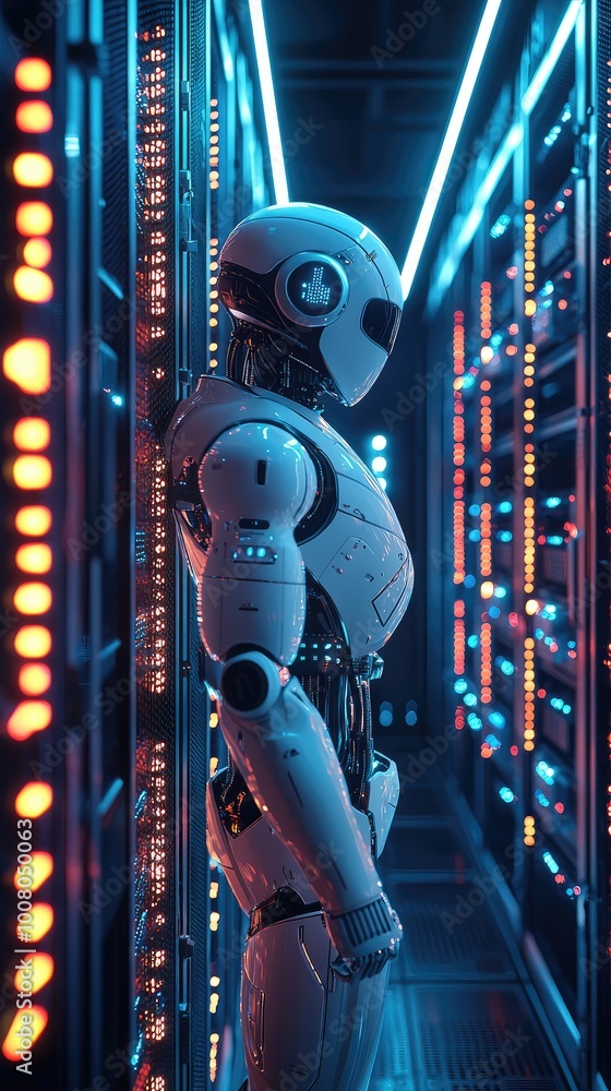 Poster futuristic robot stands in a high-tech server room, showcasing advanced technology and artificial in