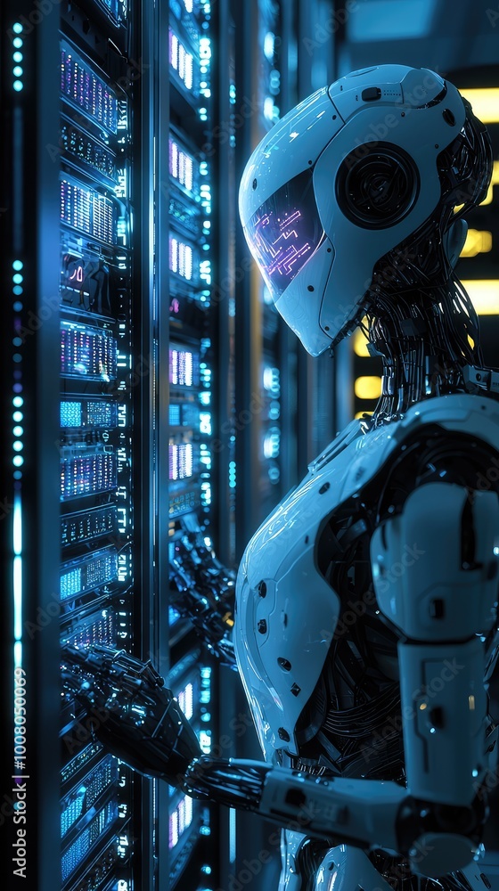 Poster futuristic robot working in a high-tech server room, surrounded by glowing data panels and intricate