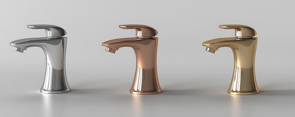 Three bathroom faucets silver and gold faucets with different colors and materials on color background,plumbing sink, clean flow, handle kitchen faucet,3D illustration,copy space.