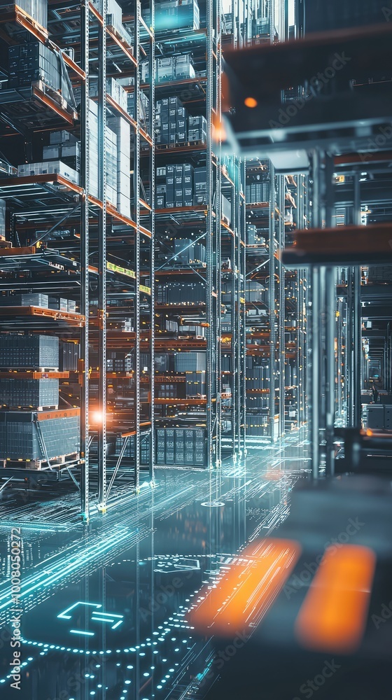 Poster futuristic warehouse with advanced technology and digital interfaces, showcasing a modern storage so