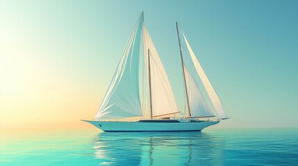 Fototapeta premium Majestic sailing yacht with gleaming white sails in golden light, cruising over tranquil turquoise waters on a cloudless day. Realistic, very detailed