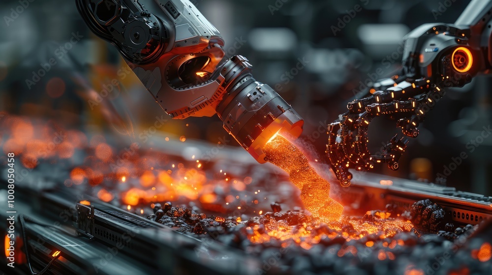 Poster robotic arm delicately extracting glowing red metal from a furnace, every movement precise and calcu