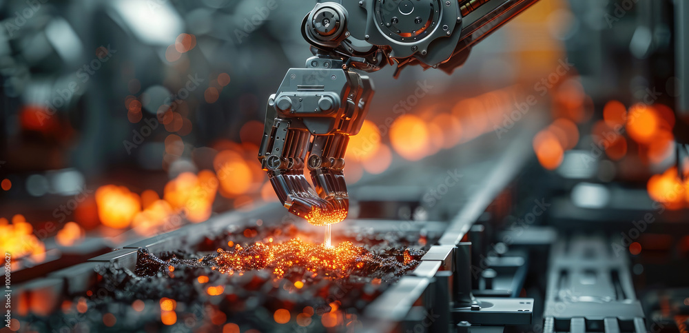 Poster Robotic arm delicately extracting glowing red metal from a furnace, every movement precise and calculated.