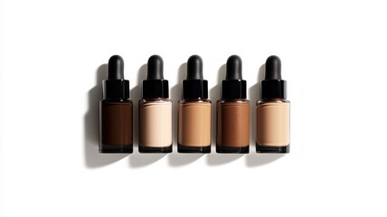 Obraz premium Bottles of makeup foundation,Collection of skin foundation bottles in different shades and samples on color background,makeup essentials,Liquid foundation and swatche,copy space.