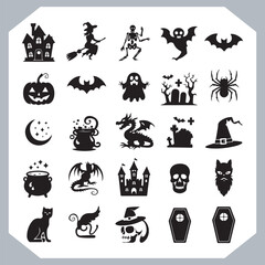 Set of logotype different type of black simple Halloween vector illustration silhouettes in white background, collection of Halloween silhouettes