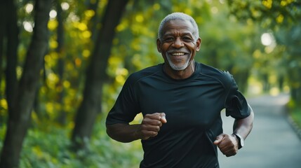 Smiling elderly black man jogging in green park outside in the morning, promoting an active lifestyle and engagement in sports for senior people, AI generated image