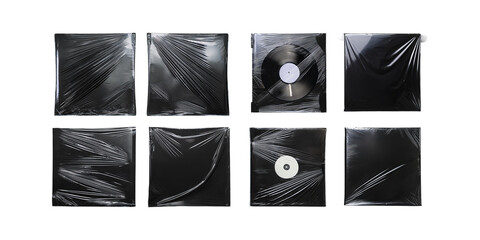 Vinyl plastic album cover frame shrink texture overlay. Cd wrap sleeve package realistic element pack, png collection isolated on transparent background