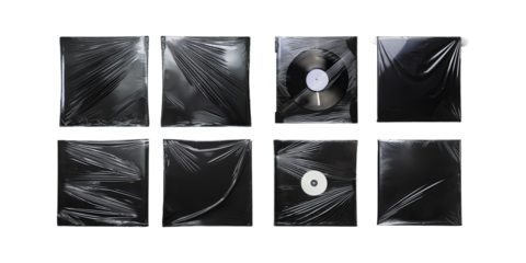 Vinyl plastic album cover frame shrink texture overlay. Cd wrap sleeve package realistic element pack, png collection isolated on transparent background